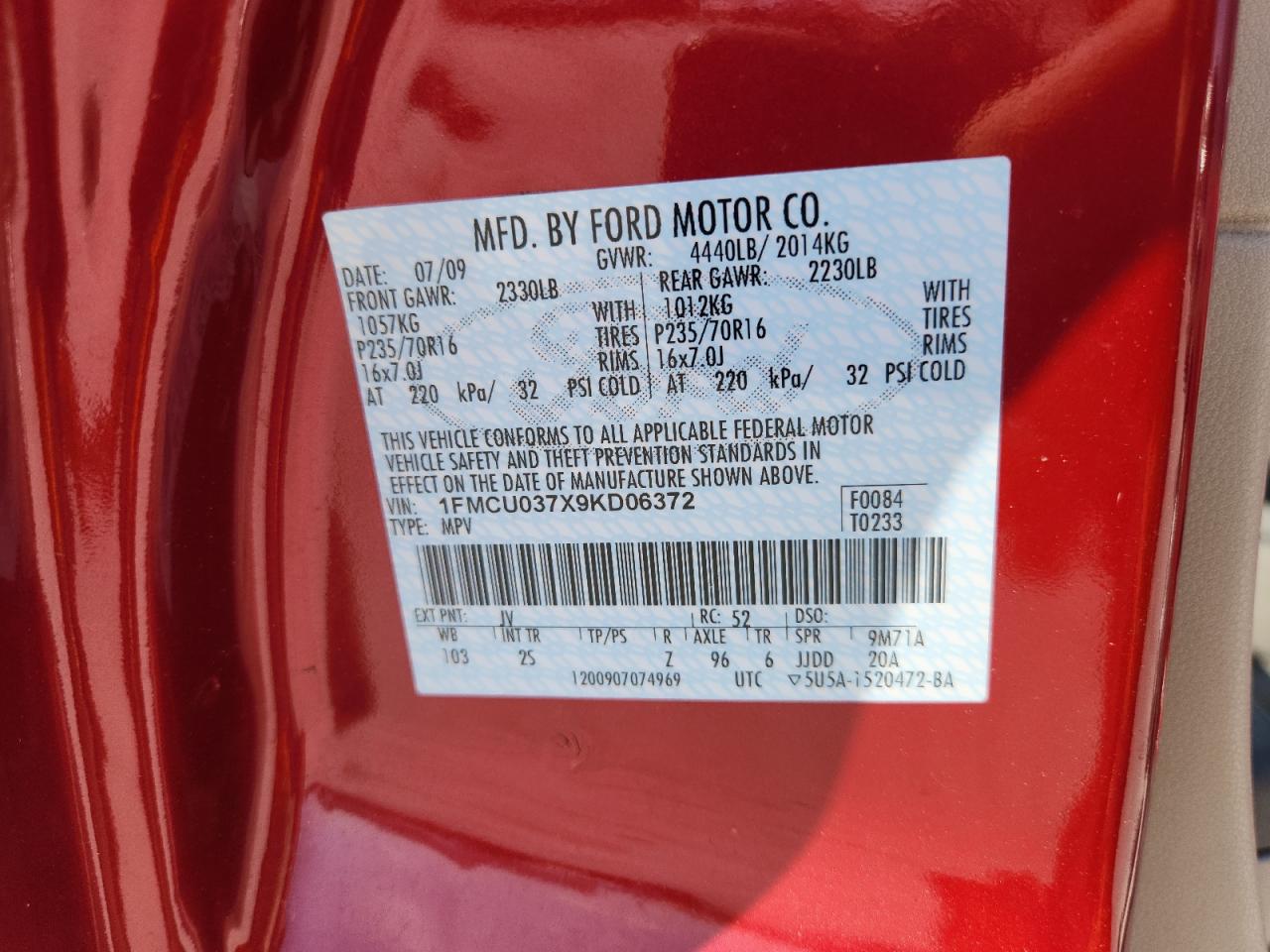 2009 Ford Escape Xlt VIN: 1FMCU037X9KD06372 Lot: 82212375