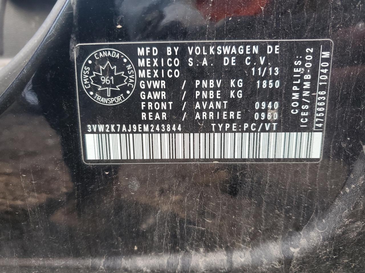 2014 Volkswagen Jetta Base VIN: 3VW2K7AJ9EM243844 Lot: 70027165