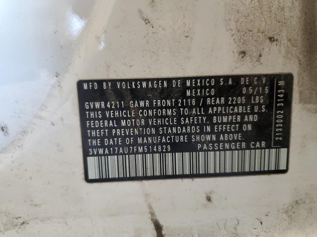 2015 Volkswagen Golf Sportwagen S VIN: 3VWA17AU7FM514829 Lot: 90289975