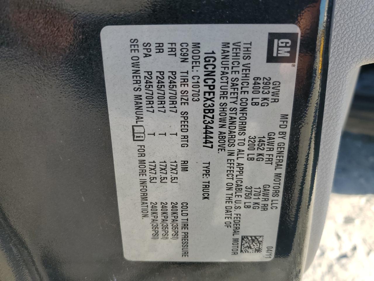 2011 Chevrolet Silverado C1500 VIN: 1GCNCPEX3BZ344447 Lot: 85111645