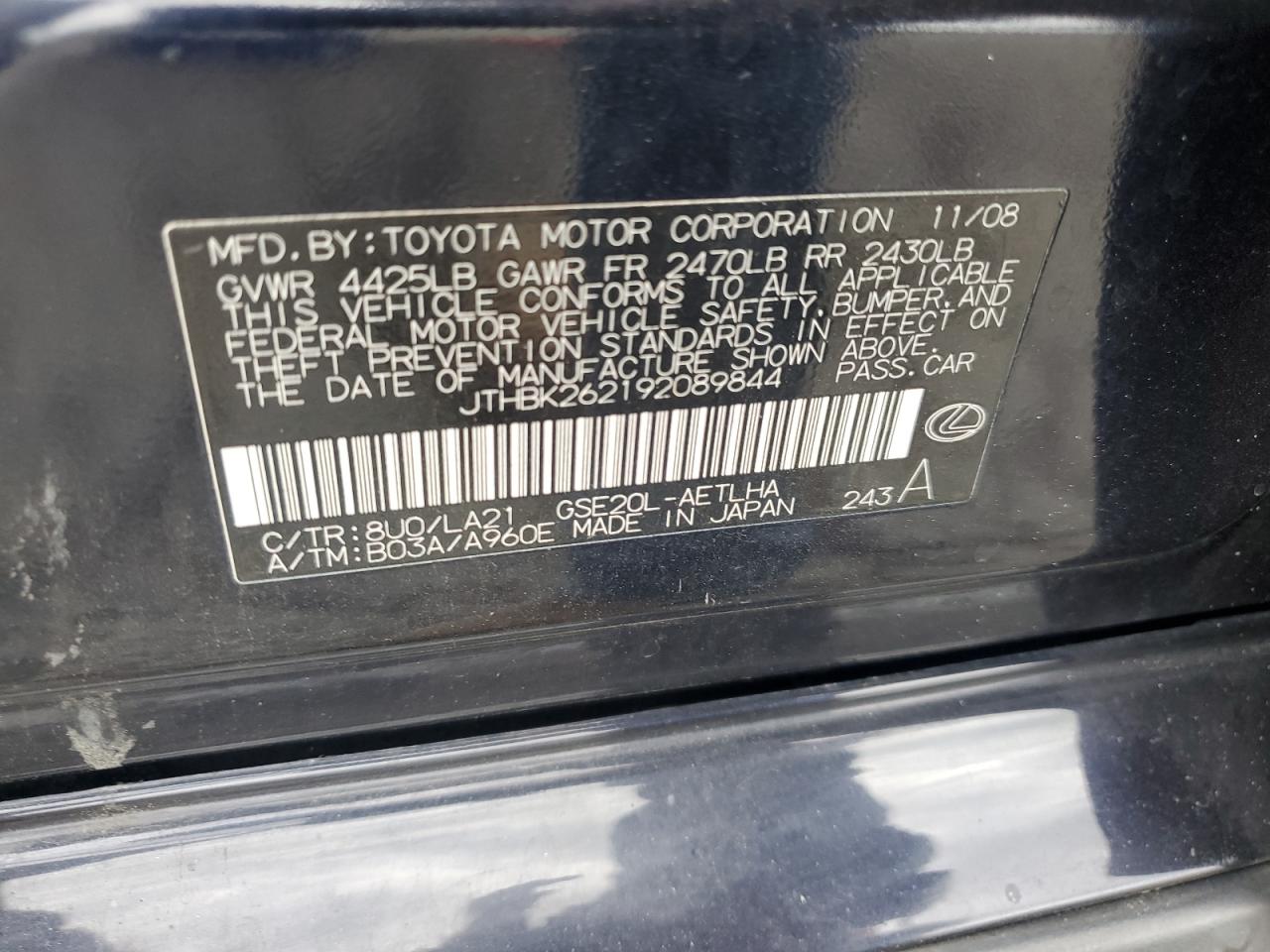 2009 Lexus Is 250 VIN: JTHBK262192089844 Lot: 82366785