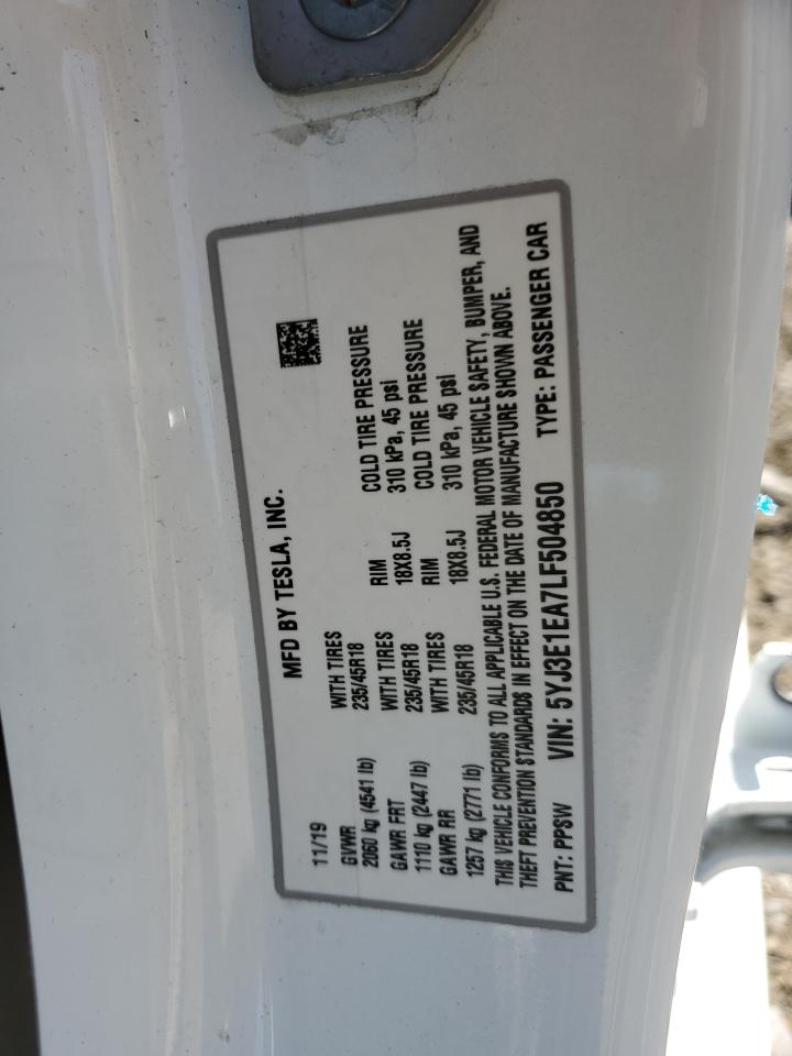 2020 Tesla Model 3 VIN: 5YJ3E1EA7LF504850 Lot: 84269325