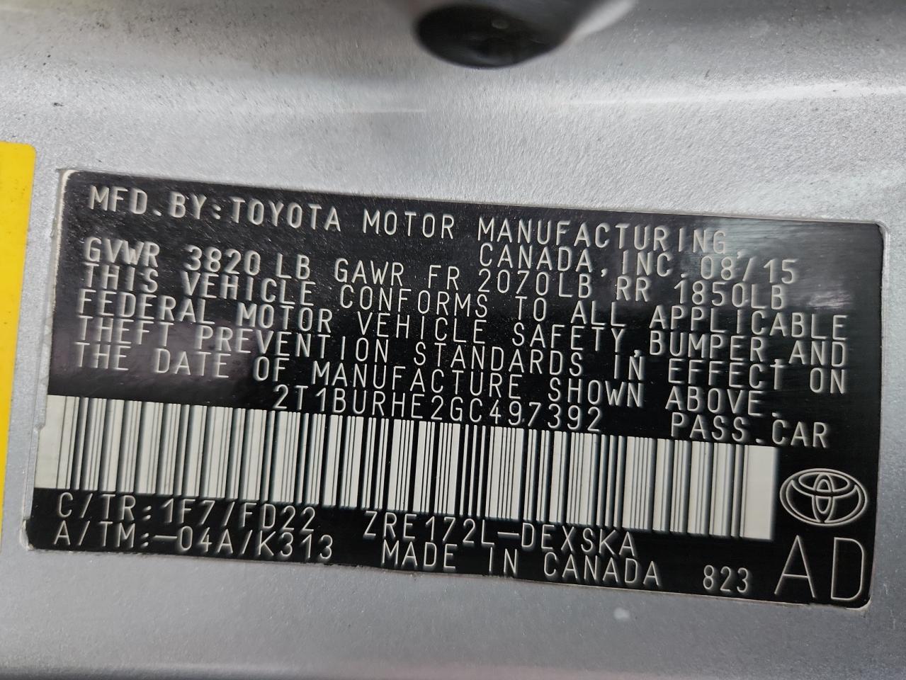 2016 Toyota Corolla L VIN: 2T1BURHE2GC497392 Lot: 82247015