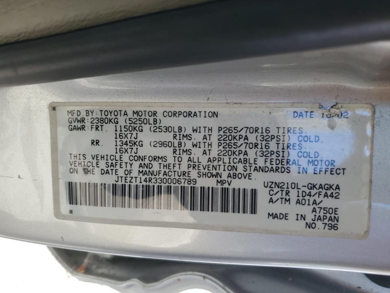 2003 Toyota 4Runner Sr5 VIN: JTEZT14R330006789 Lot: 82571855