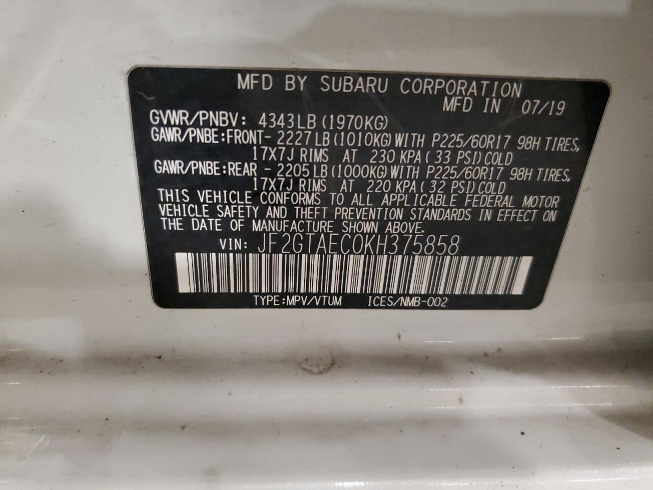 2019 Subaru Crosstrek Premium VIN: JF2GTAEC0KH375858 Lot: 82529805