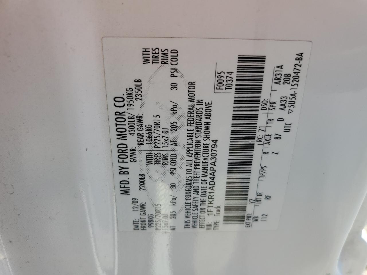 2010 Ford Ranger VIN: 1FTKR1AD4APA30794 Lot: 85202095