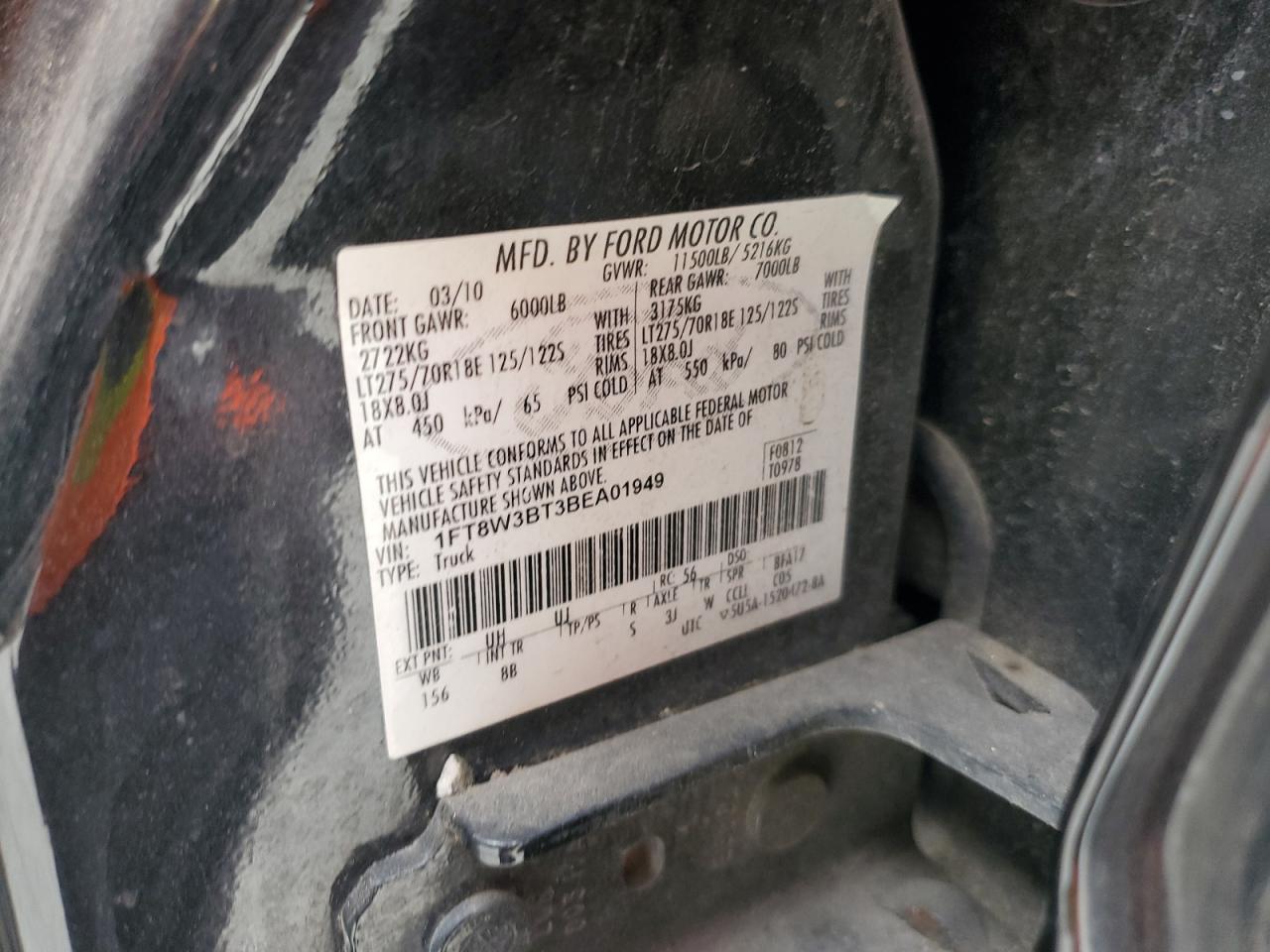 2011 Ford F350 4Wd V8 VIN: 1FT8W3BT3BEA01949 Lot: 82375205