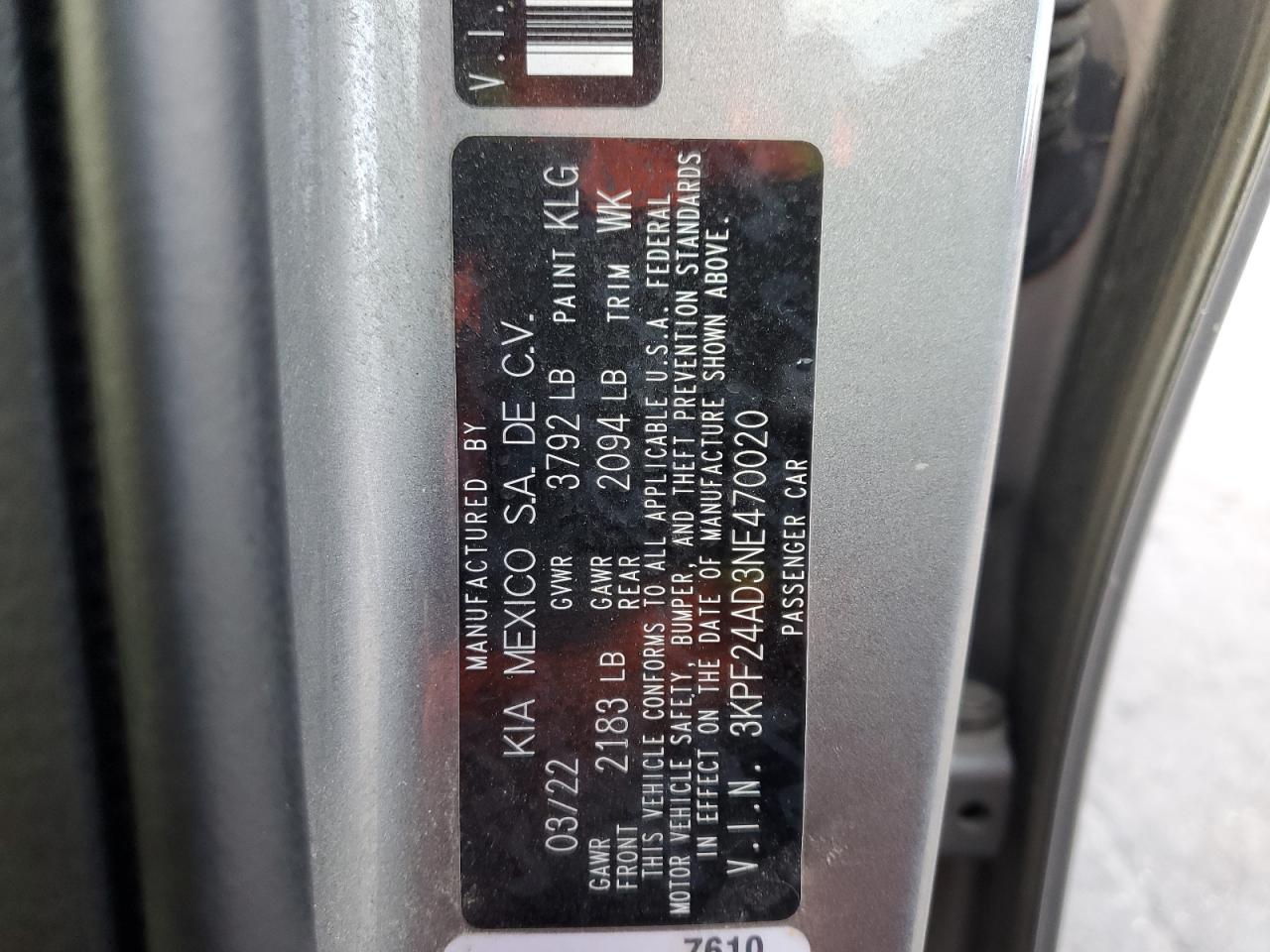 2022 Kia Forte Fe VIN: 3KPF24AD3NE470020 Lot: 86435325