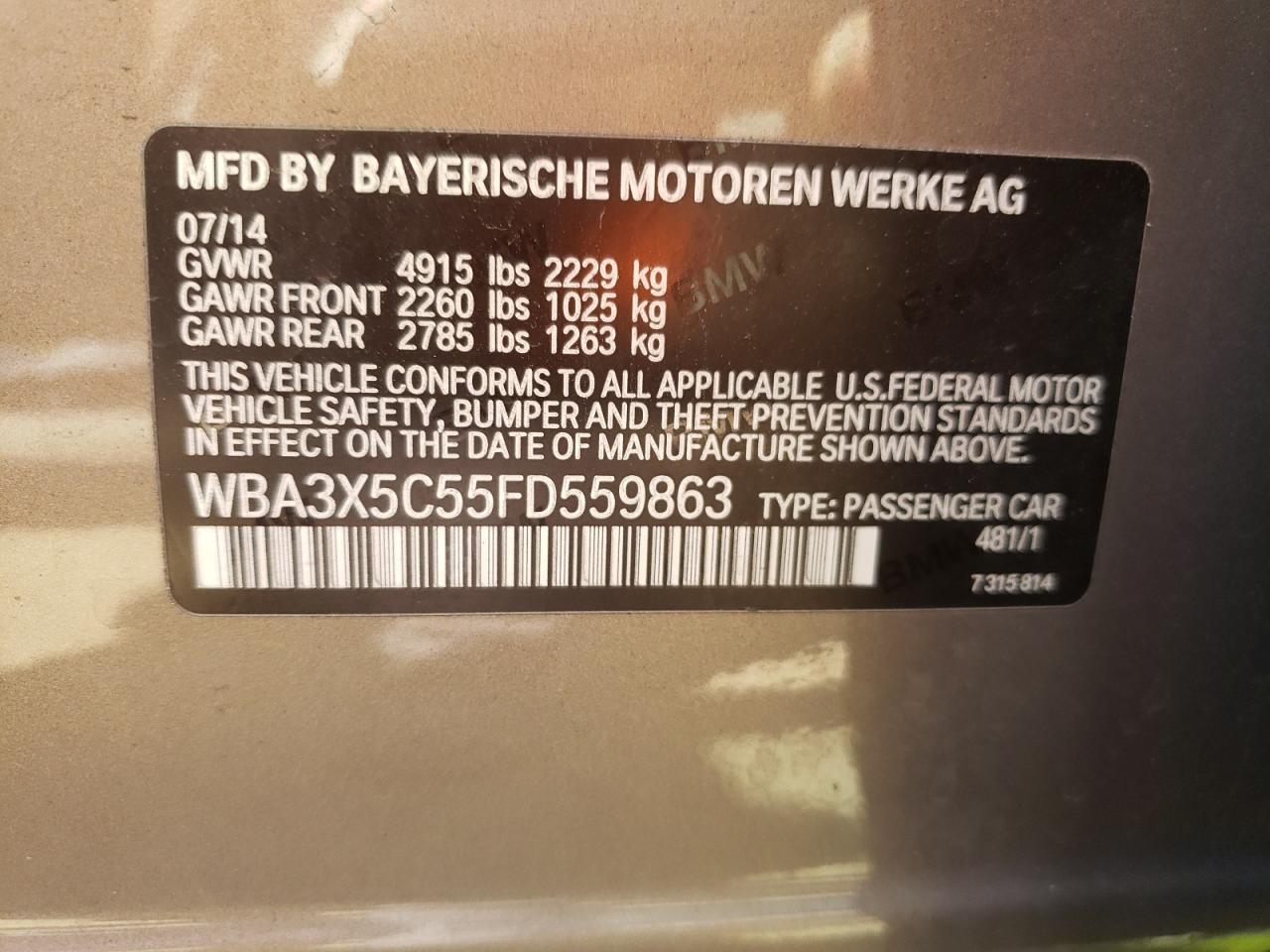 2015 BMW 328 Xigt VIN: WBA3X5C55FD559863 Lot: 85327695