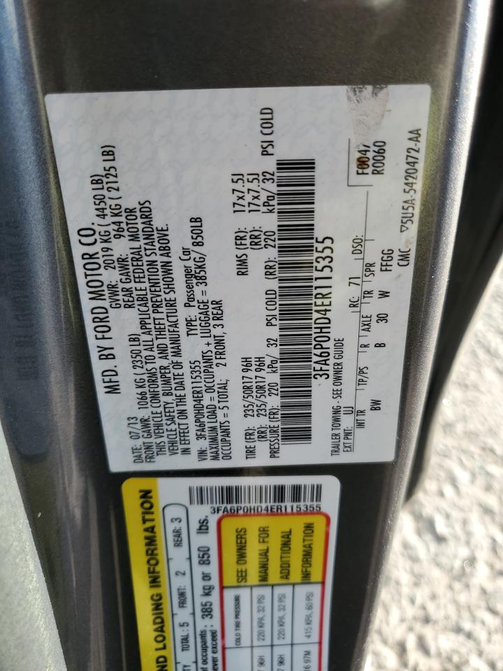 2014 Ford Fusion Se VIN: 3FA6P0HD4ER115355 Lot: 87304975