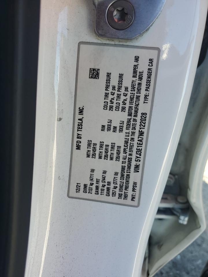 2022 Tesla Model 3 VIN: 5YJ3E1EA7NF122028 Lot: 89657575