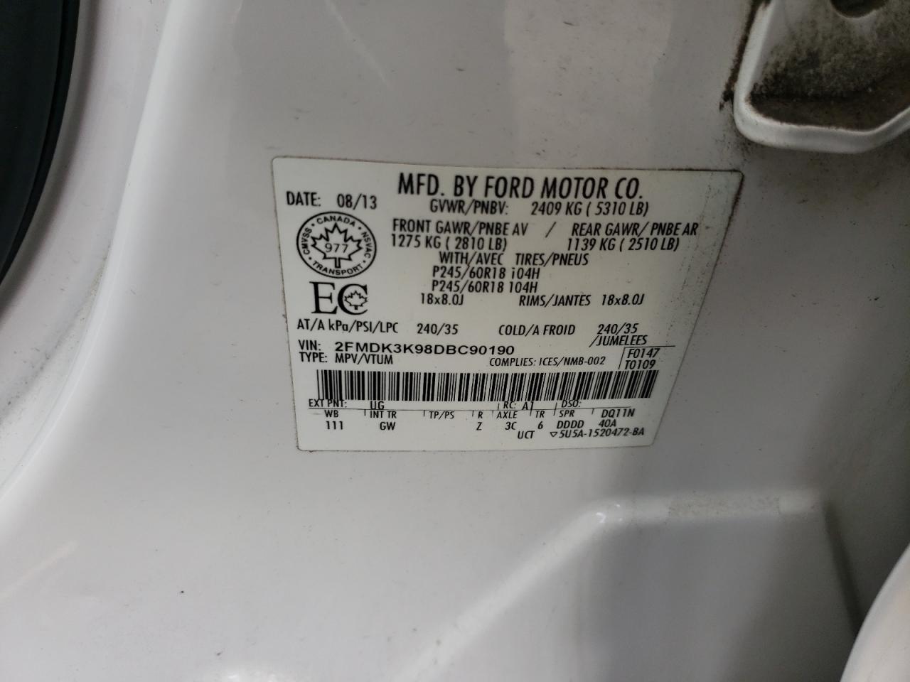 2013 Ford Edge Limited VIN: 2FMDK3K98DBC90190 Lot: 86482725