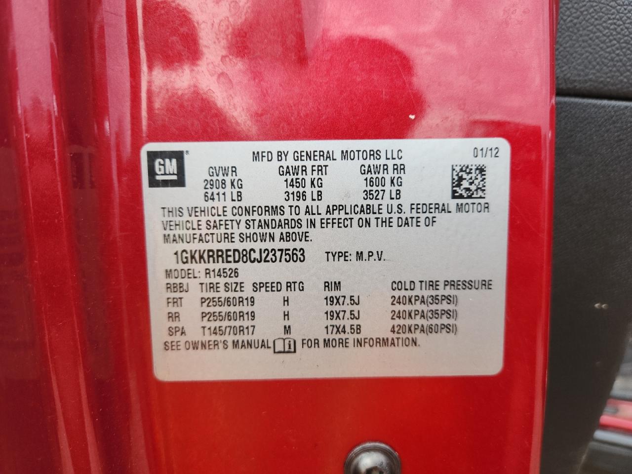 2012 GMC Acadia Slt-1 VIN: 1GKKRRED8CJ237563 Lot: 91014785