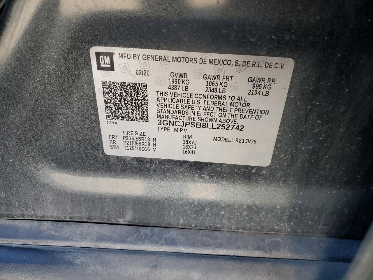 2020 Chevrolet Trax 1Lt VIN: 3GNCJPSB8LL252742 Lot: 90669355