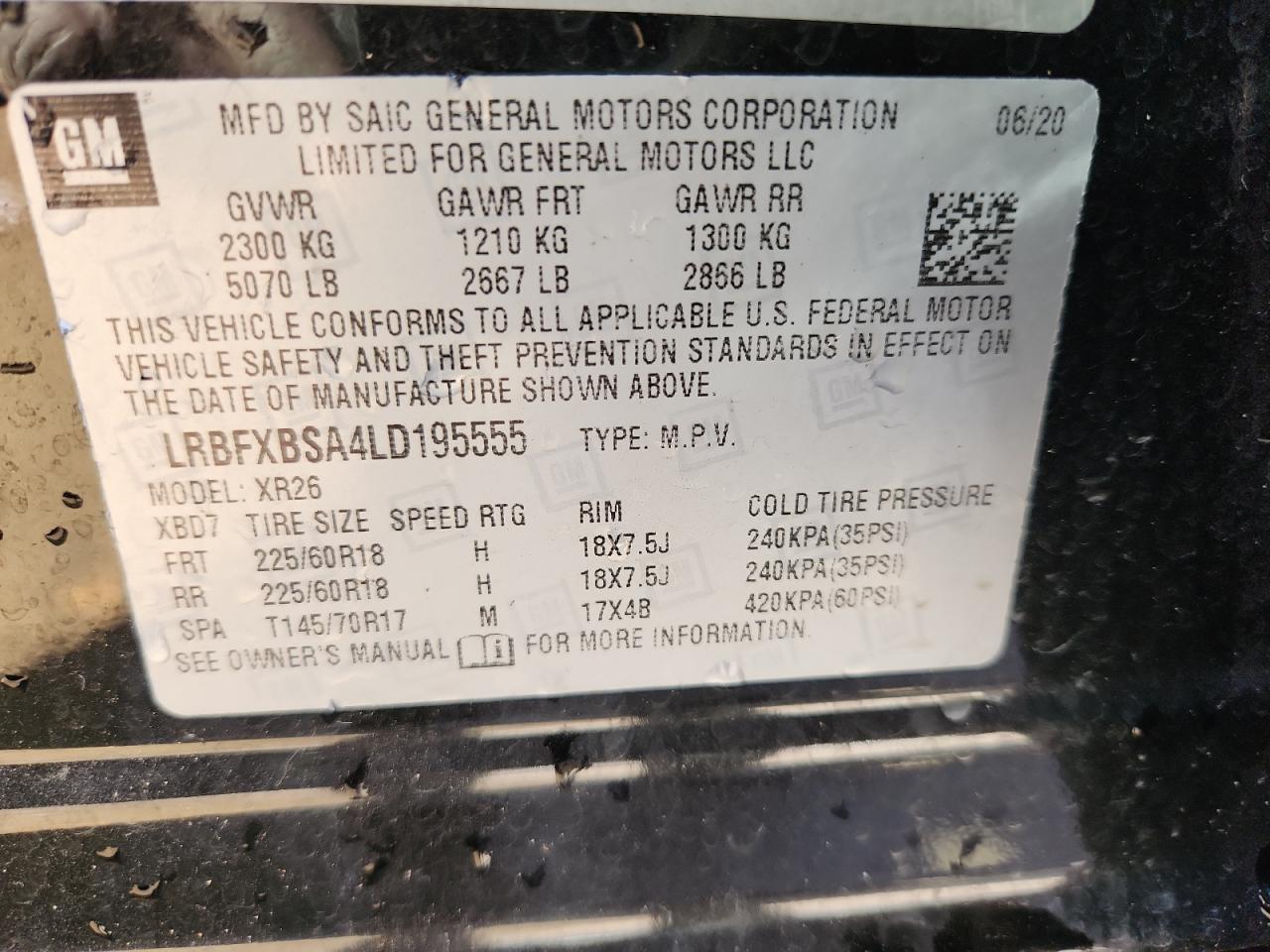 2020 Buick Envision Preferred VIN: LRBFXBSA4LD195555 Lot: 90593005