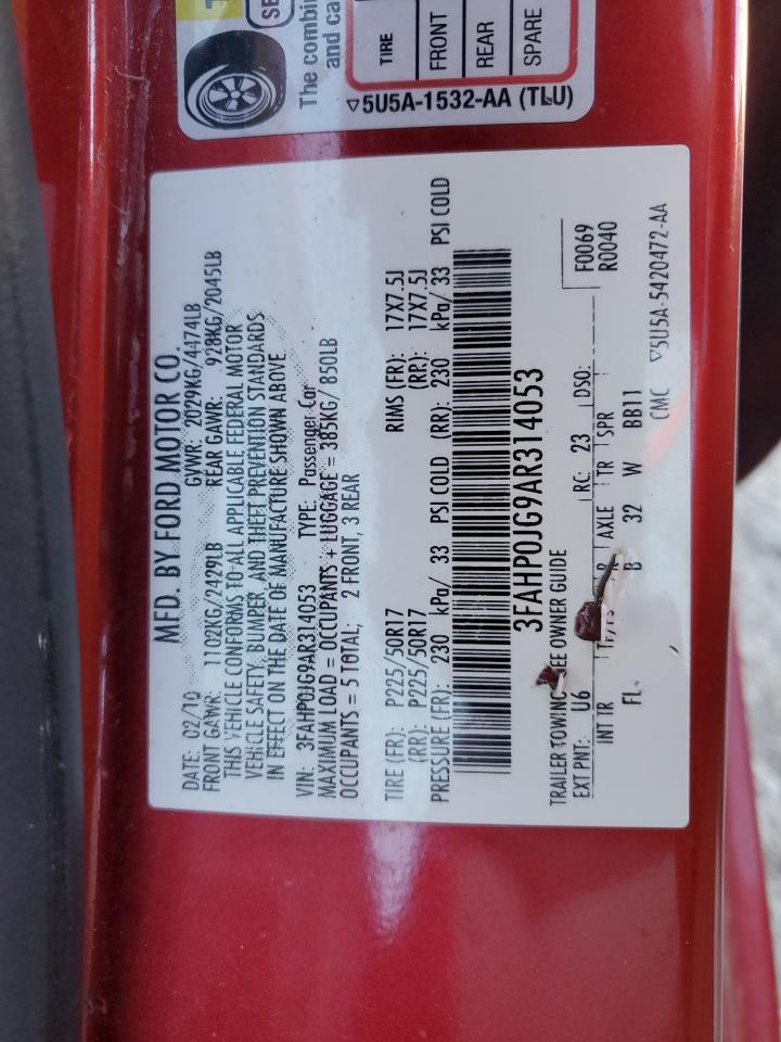 2010 Ford Fusion Sel VIN: 3FAHP0JG9AR314053 Lot: 82582505