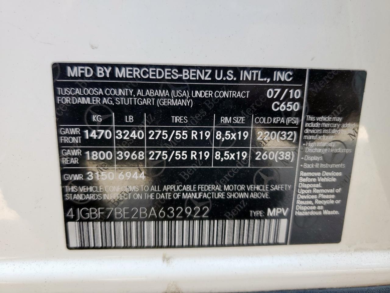 2011 Mercedes-Benz Gl 450 4Matic VIN: 4JGBF7BE2BA632922 Lot: 81325255