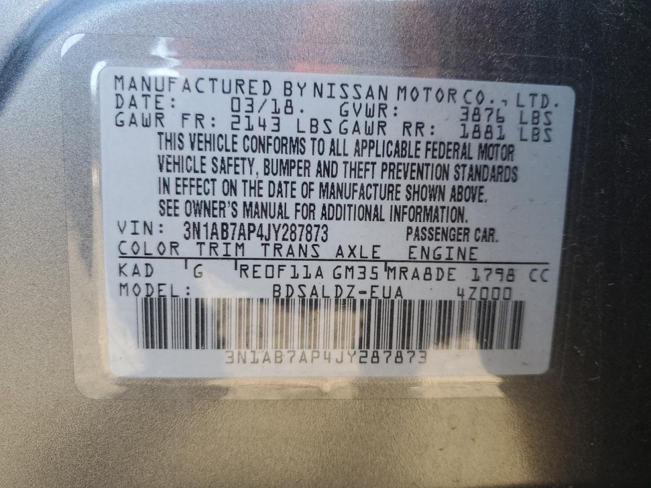 2018 Nissan Sentra S VIN: 3N1AB7AP4JY287873 Lot: 85761465