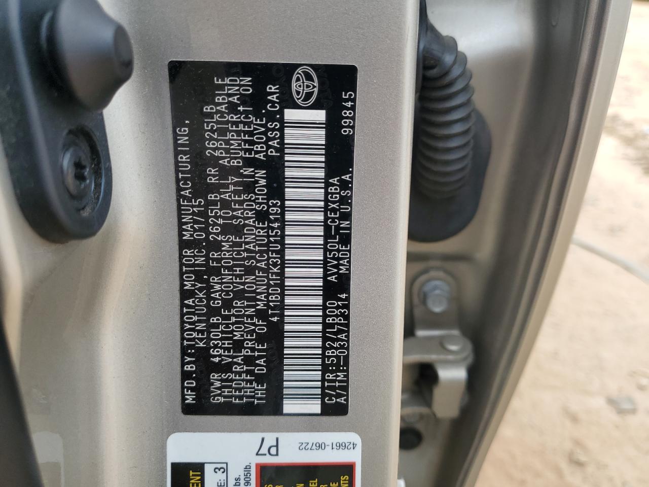 2015 Toyota Camry Hybrid VIN: 4T1BD1FK3FU154193 Lot: 85290175