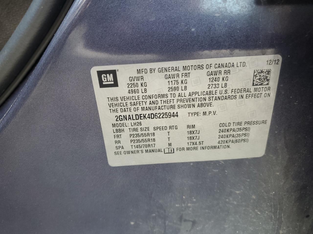 2013 Chevrolet Equinox Lt VIN: 2GNALDEK4D6225944 Lot: 85322375