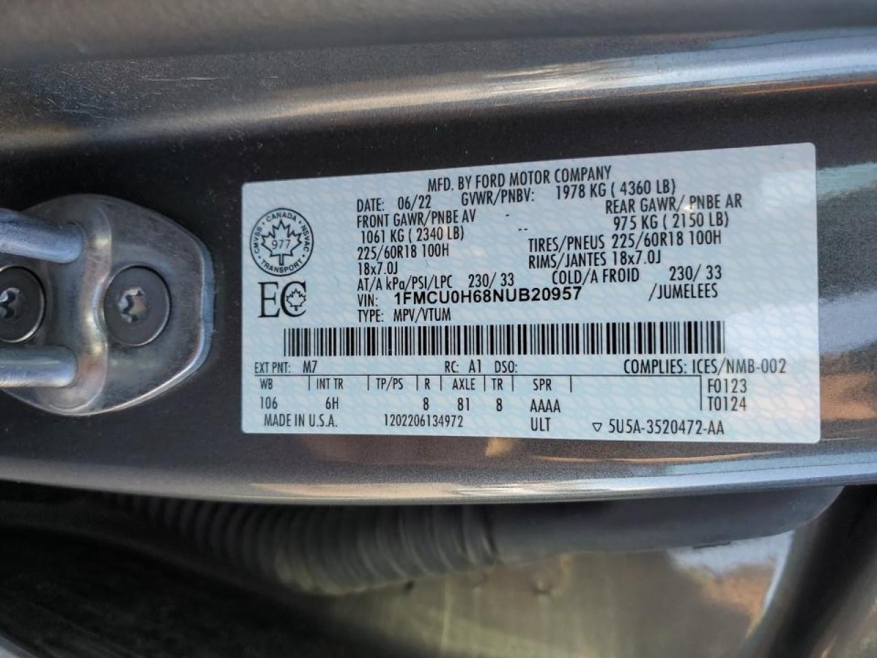 2022 Ford Escape Sel VIN: 1FMCU0H68NUB20957 Lot: 85765465