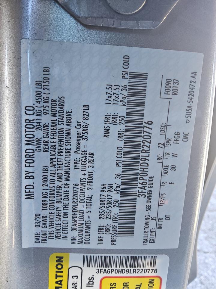 2020 Ford Fusion Se VIN: 3FA6P0HD9LR220776 Lot: 81471725