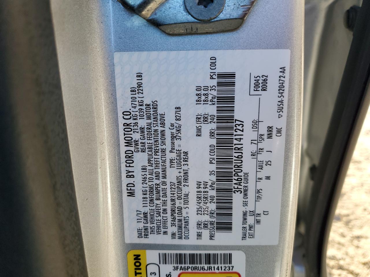 2018 Ford Fusion Titanium/Platinum Hev VIN: 3FA6P0RU6JR141237 Lot: 84933455