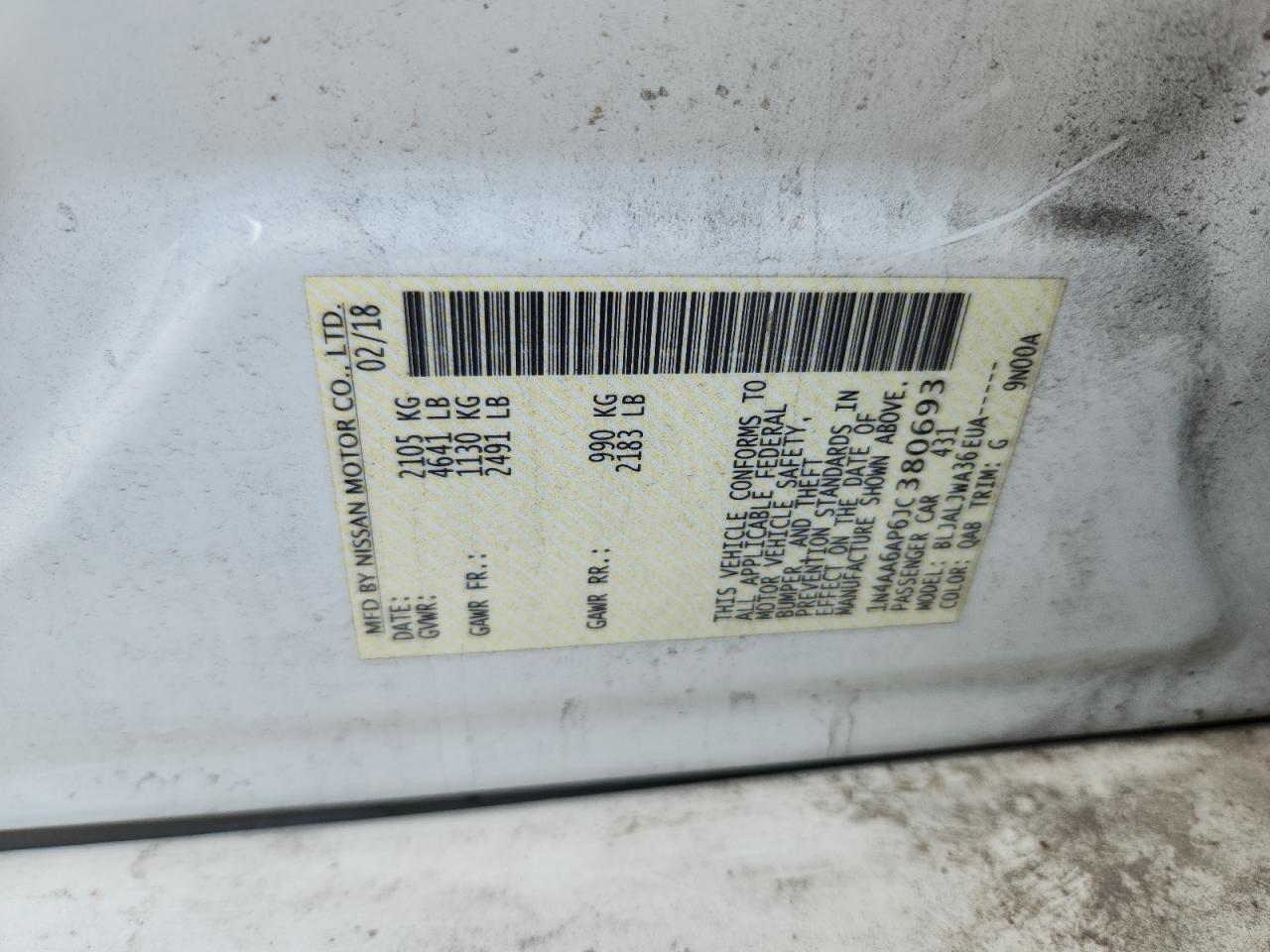 2018 Nissan Maxima 3.5S VIN: 1N4AA6AP6JC380693 Lot: 87298185