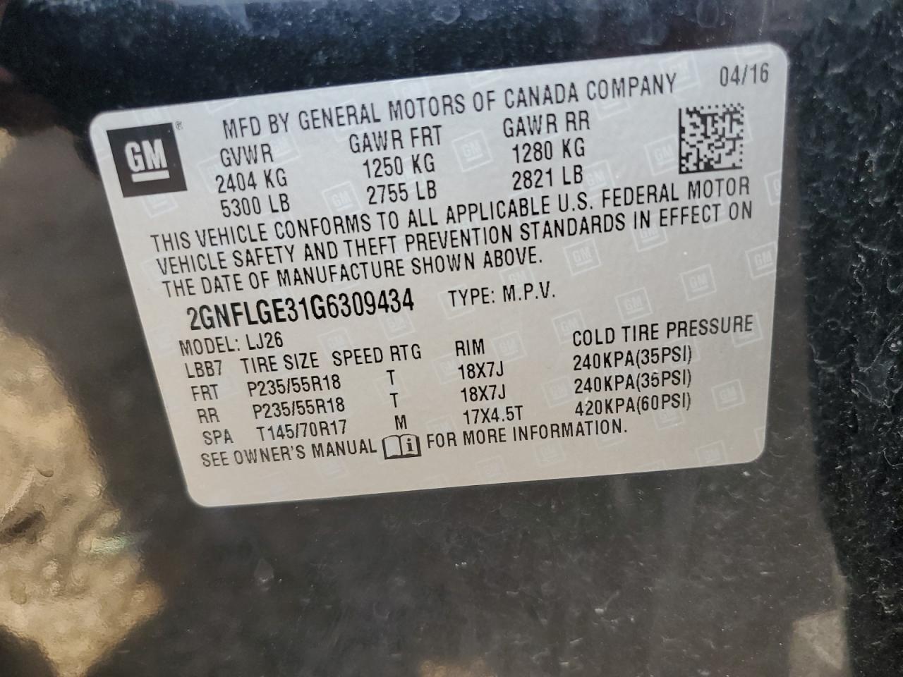2016 Chevrolet Equinox Ltz VIN: 2GNFLGE31G6309434 Lot: 81906275
