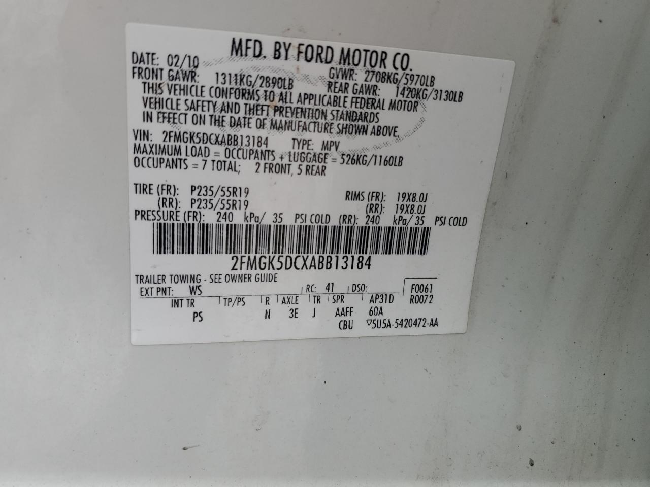 2010 Ford Flex Limited VIN: 2FMGK5DCXABB13184 Lot: 84982055