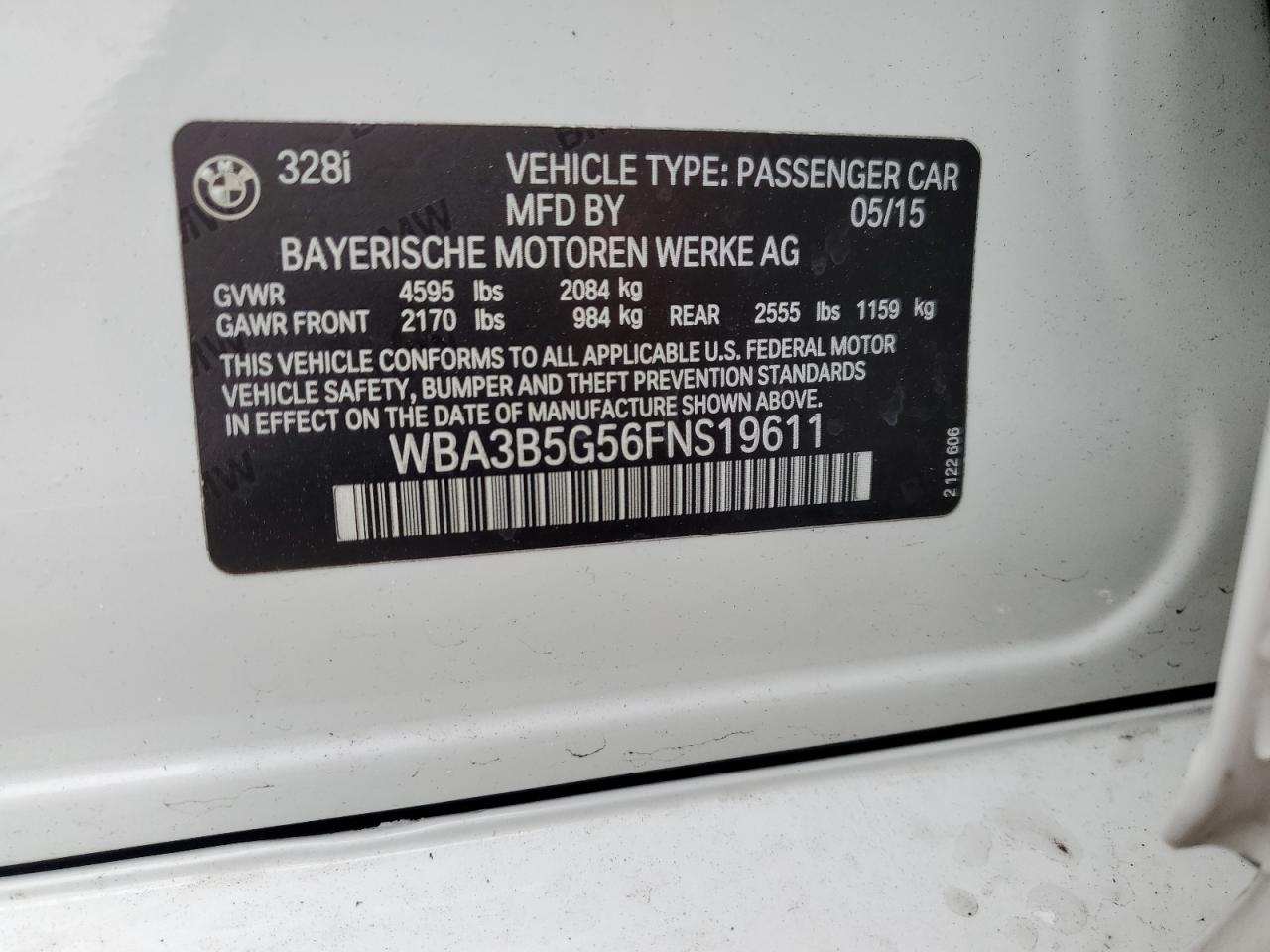 2015 BMW 328 Xi Sulev VIN: WBA3B5G56FNS19611 Lot: 90507235