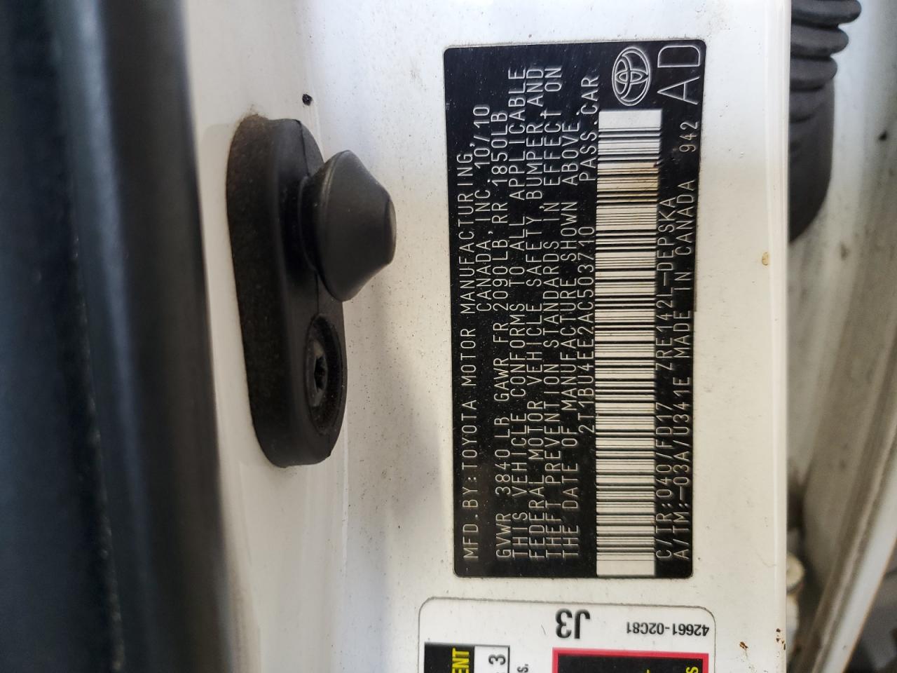 2010 Toyota Corolla Base VIN: 2T1BU4EE2AC503710 Lot: 86542575