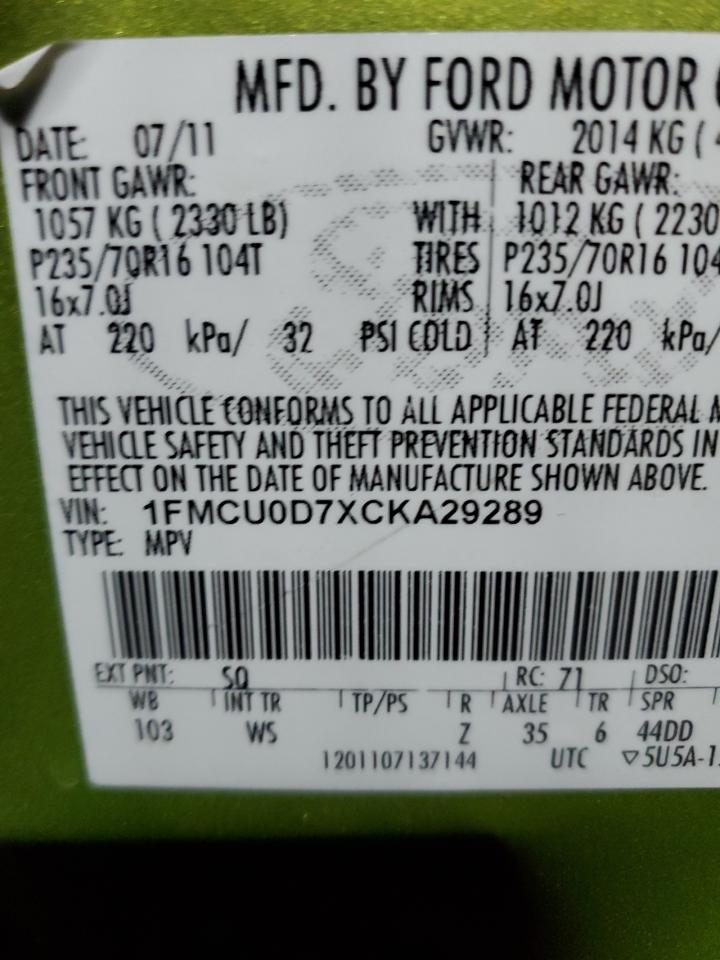 2012 Ford Escape Xlt VIN: 1FMCU0D7XCKA29289 Lot: 85592905