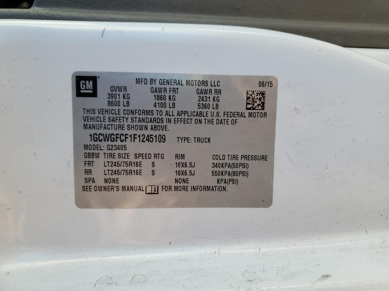 2015 Chevrolet Express G2500 VIN: 1GCWGFCF1F1245109 Lot: 90731405