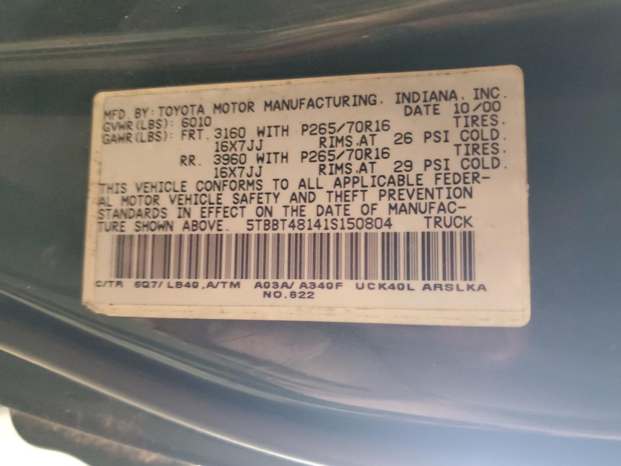 2001 Toyota Tundra Access Cab Limited VIN: 5TBBT48141S150804 Lot: 85075645