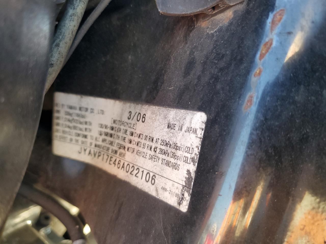 2006 Yamaha Xv1700 A VIN: JYAVP17E46A022106 Lot: 86313165