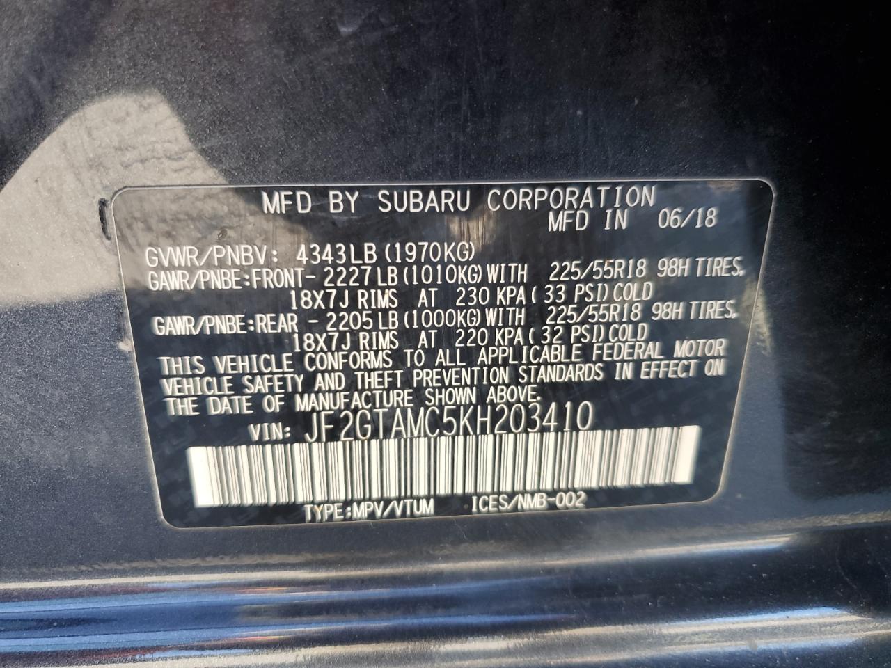 2019 Subaru Crosstrek Limited VIN: JF2GTAMC5KH203410 Lot: 86063775