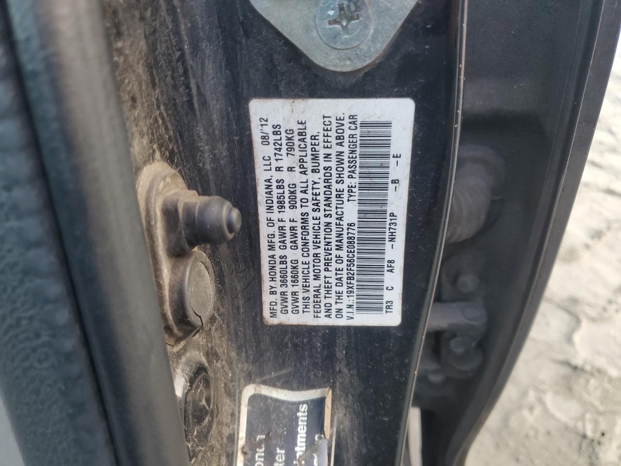 2012 Honda Civic Lx VIN: 19XFB2F56CE088776 Lot: 85527565