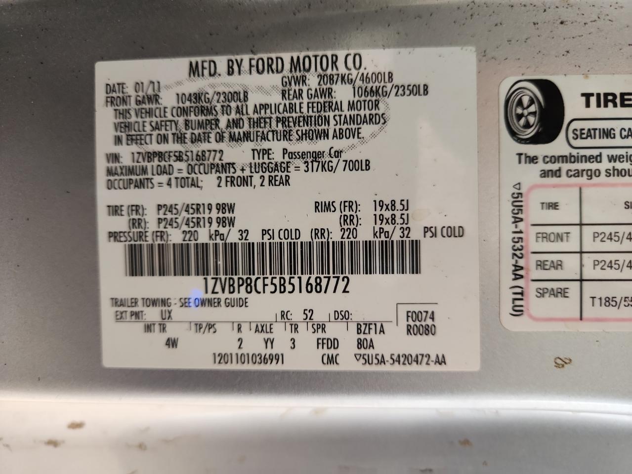 2011 Ford Mustang Gt VIN: 1ZVBP8CF5B5168772 Lot: 84797905