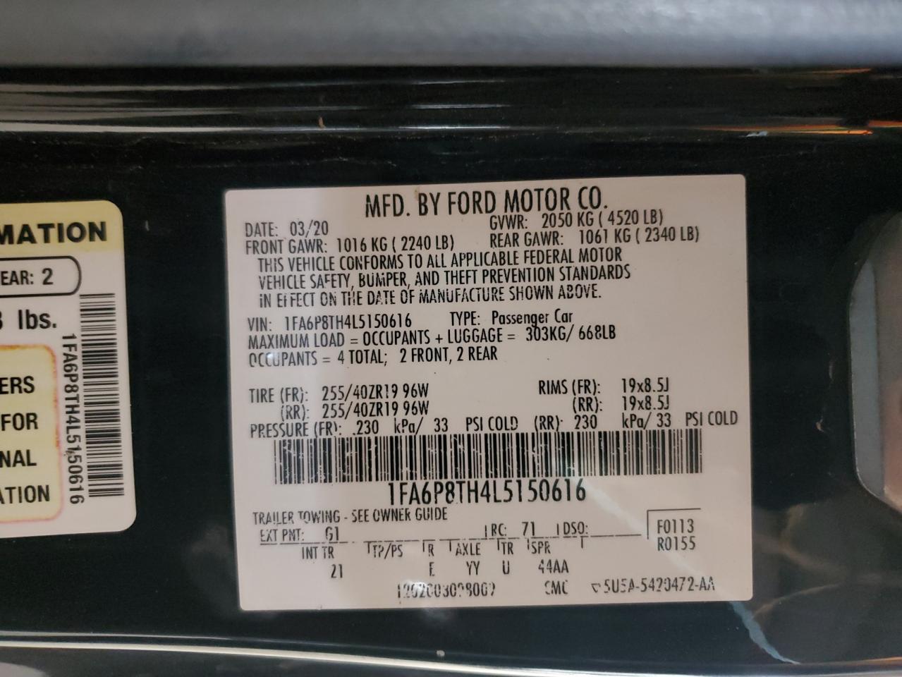 2020 Ford Mustang VIN: 1FA6P8TH4L5150616 Lot: 82667105