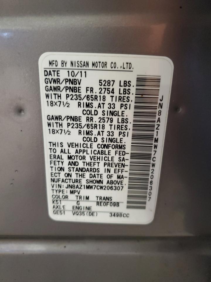 2012 Nissan Murano S VIN: JN8AZ1MW7CW206307 Lot: 85086405