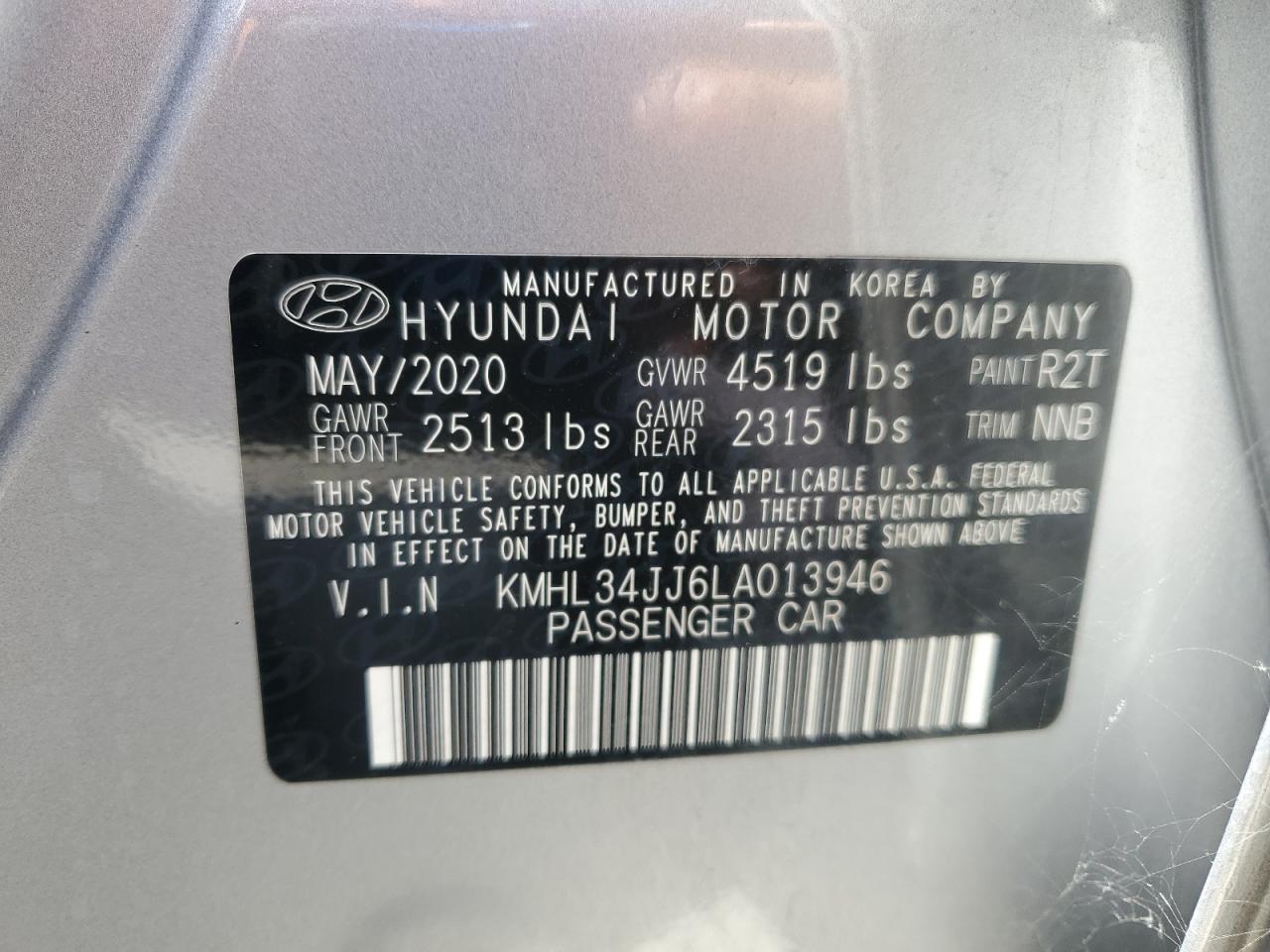 2020 Hyundai Sonata Hybrid VIN: KMHL34JJ6LA013946 Lot: 86469685