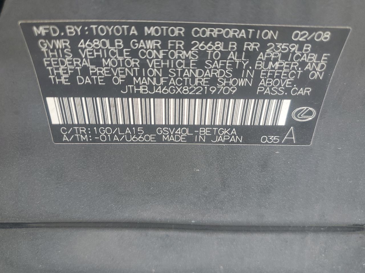 2008 Lexus Es 350 VIN: JTHBJ46GX82219709 Lot: 82524495