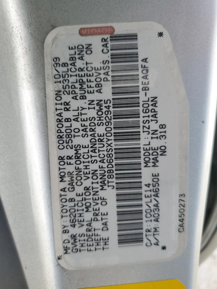 2000 Lexus Gs 300 VIN: JT8BD68SXY0092945 Lot: 82457295