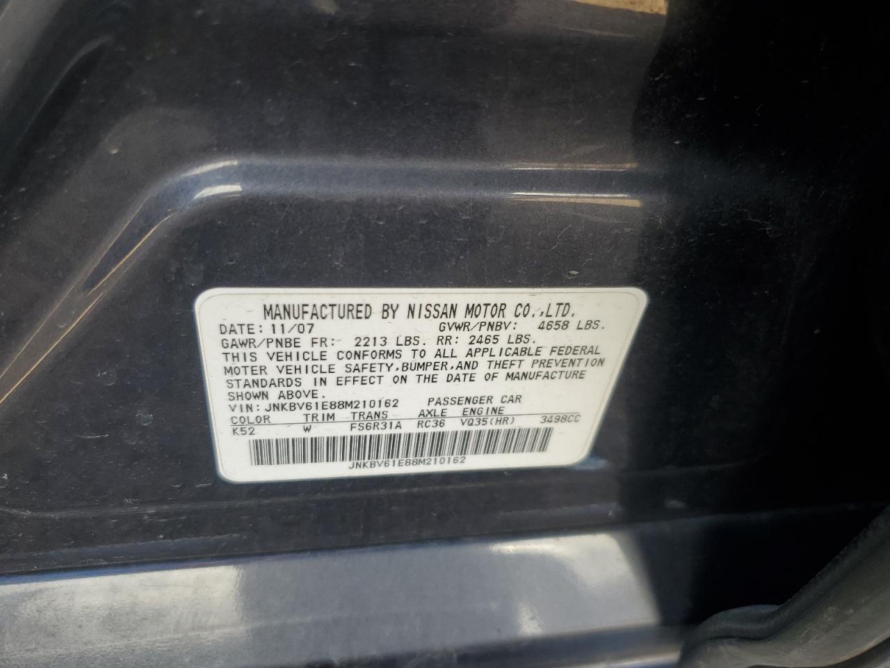 2008 Infiniti G35 VIN: JNKBV61E88M210162 Lot: 90655555