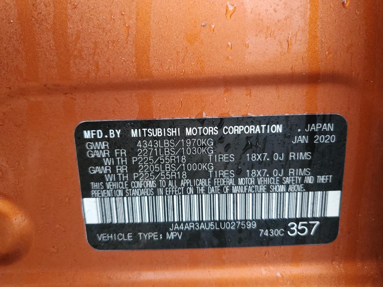 2020 Mitsubishi Outlander Sport Es VIN: JA4AR3AU5LU027599 Lot: 85206745