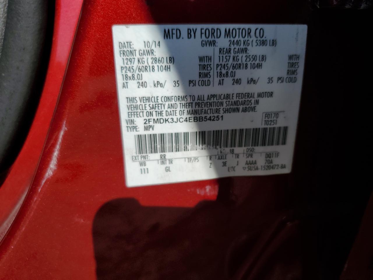 2014 Ford Edge Sel VIN: 2FMDK3JC4EBB54251 Lot: 86296565