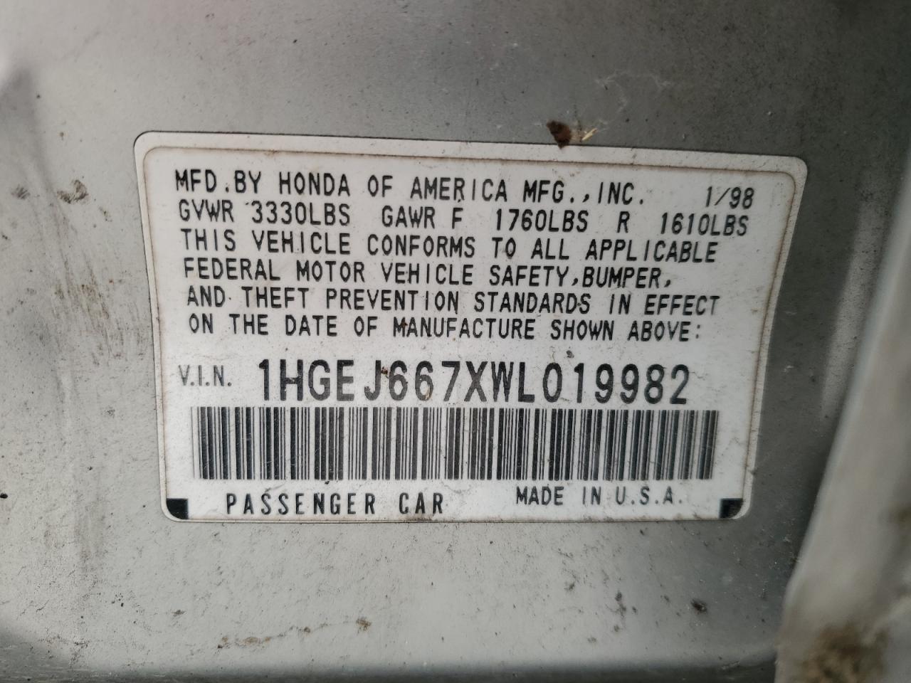 1998 Honda Civic Lx VIN: 1HGEJ667XWL019982 Lot: 86128815