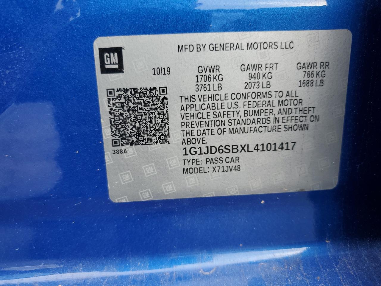 2020 Chevrolet Sonic Lt VIN: 1G1JD6SBXL4101417 Lot: 85546565