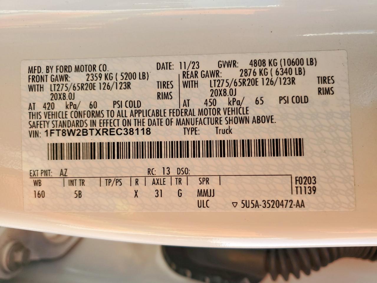 2024 Ford F250 Super Duty VIN: 1FT8W2BTXREC38118 Lot: 91030195